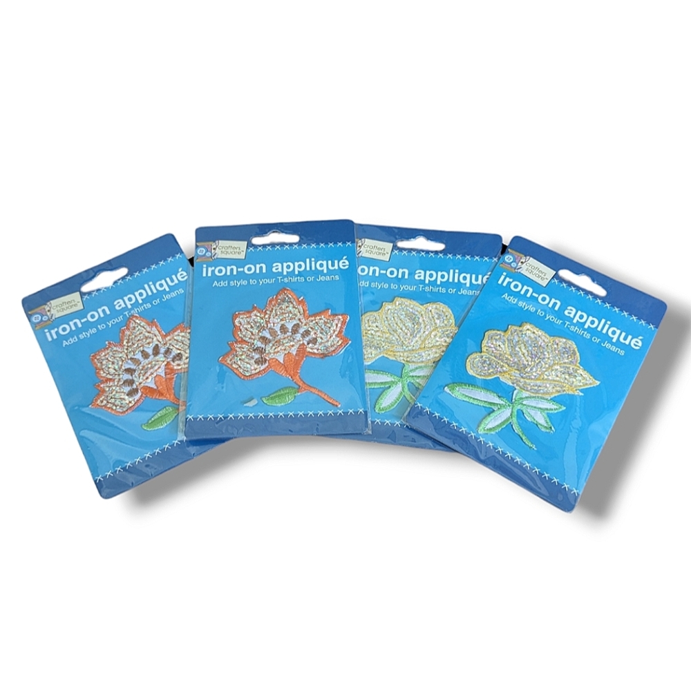 Lot Of 4 Crafters Square Iron-on Applique Flowers for Jeans or T-shirts